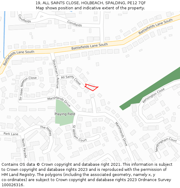19, ALL SAINTS CLOSE, HOLBEACH, SPALDING, PE12 7QF: Location map and indicative extent of plot