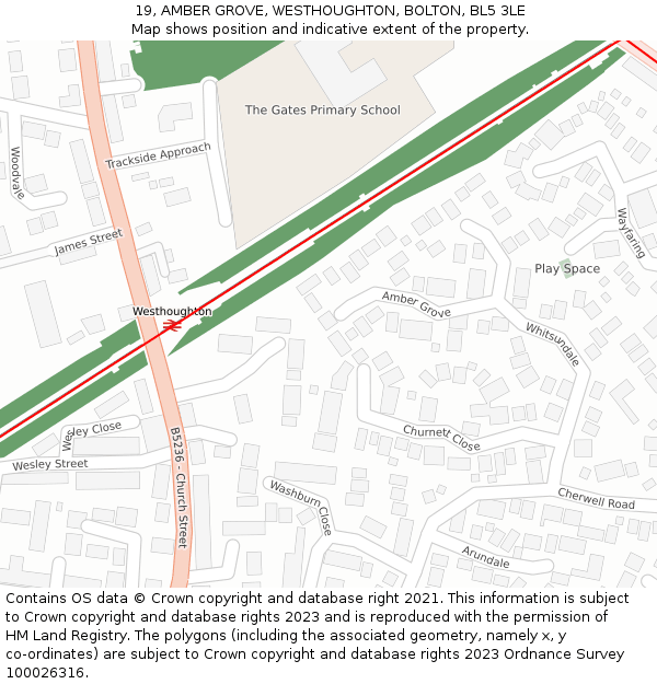 19, AMBER GROVE, WESTHOUGHTON, BOLTON, BL5 3LE: Location map and indicative extent of plot