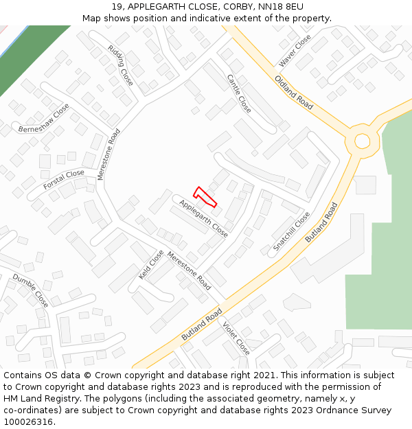 19, APPLEGARTH CLOSE, CORBY, NN18 8EU: Location map and indicative extent of plot