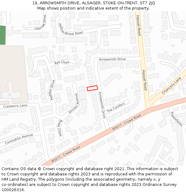 19, ARROWSMITH DRIVE, ALSAGER, STOKE-ON-TRENT, ST7 2JQ: Location map and indicative extent of plot