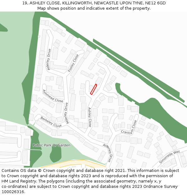 19, ASHLEY CLOSE, KILLINGWORTH, NEWCASTLE UPON TYNE, NE12 6GD: Location map and indicative extent of plot