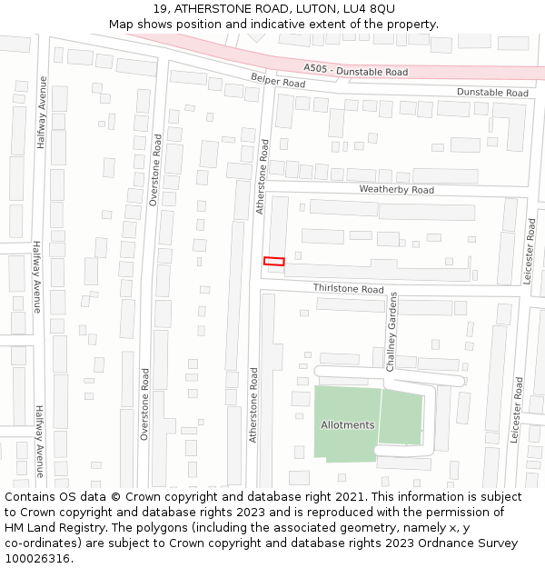 19, ATHERSTONE ROAD, LUTON, LU4 8QU: Location map and indicative extent of plot