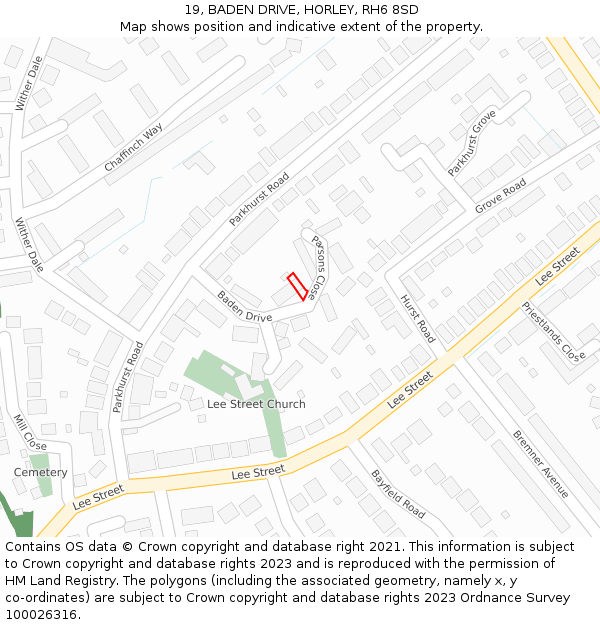 19, BADEN DRIVE, HORLEY, RH6 8SD: Location map and indicative extent of plot