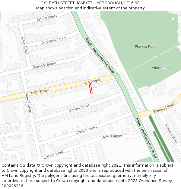 19, BATH STREET, MARKET HARBOROUGH, LE16 9EJ: Location map and indicative extent of plot