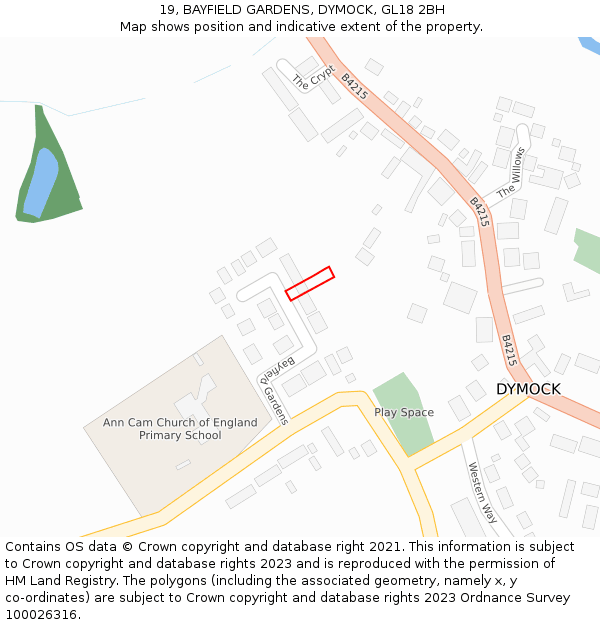 19, BAYFIELD GARDENS, DYMOCK, GL18 2BH: Location map and indicative extent of plot