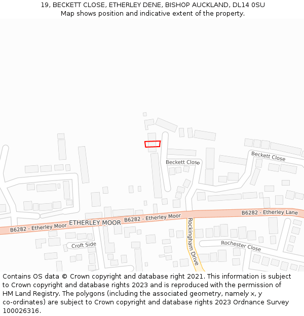19, BECKETT CLOSE, ETHERLEY DENE, BISHOP AUCKLAND, DL14 0SU: Location map and indicative extent of plot