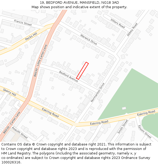19, BEDFORD AVENUE, MANSFIELD, NG18 3AD: Location map and indicative extent of plot