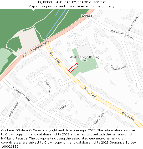 19, BEECH LANE, EARLEY, READING, RG6 5PT: Location map and indicative extent of plot