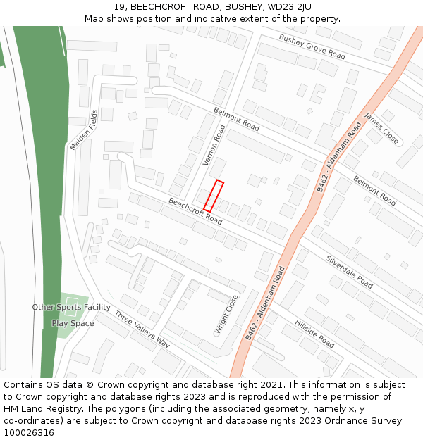 19, BEECHCROFT ROAD, BUSHEY, WD23 2JU: Location map and indicative extent of plot