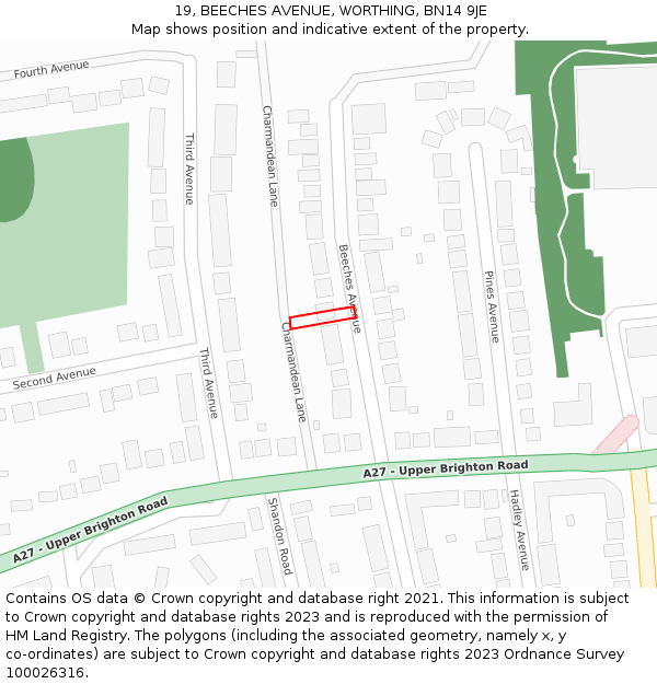 19, BEECHES AVENUE, WORTHING, BN14 9JE: Location map and indicative extent of plot