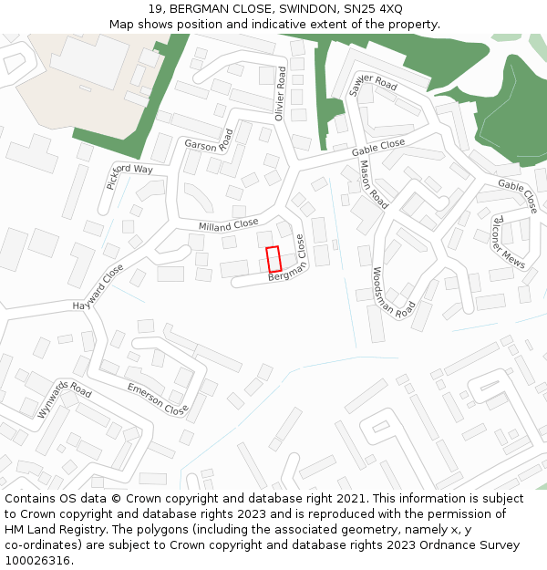 19, BERGMAN CLOSE, SWINDON, SN25 4XQ: Location map and indicative extent of plot
