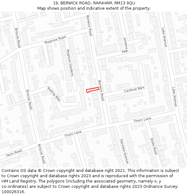 19, BERWICK ROAD, RAINHAM, RM13 9QU: Location map and indicative extent of plot