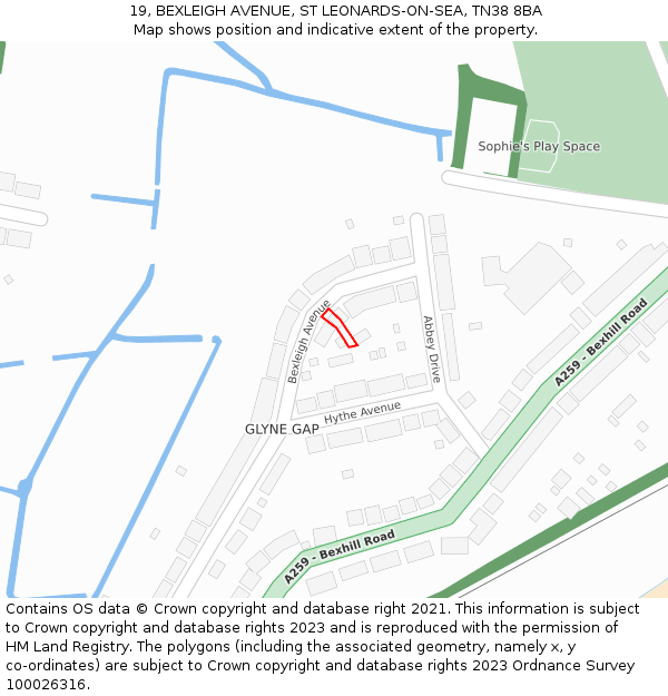 19, BEXLEIGH AVENUE, ST LEONARDS-ON-SEA, TN38 8BA: Location map and indicative extent of plot