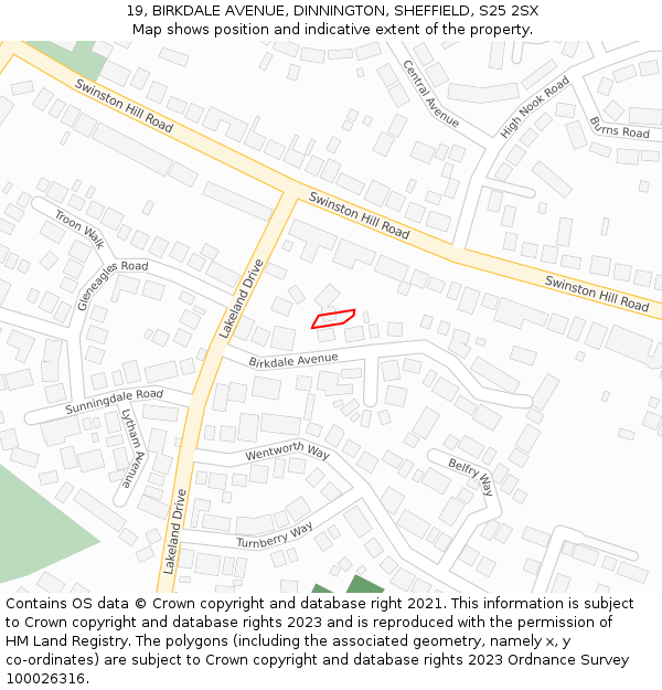 19, BIRKDALE AVENUE, DINNINGTON, SHEFFIELD, S25 2SX: Location map and indicative extent of plot