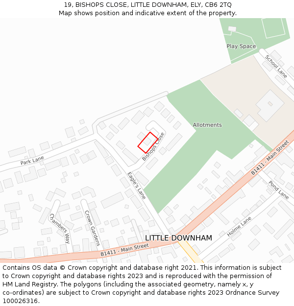 19, BISHOPS CLOSE, LITTLE DOWNHAM, ELY, CB6 2TQ: Location map and indicative extent of plot