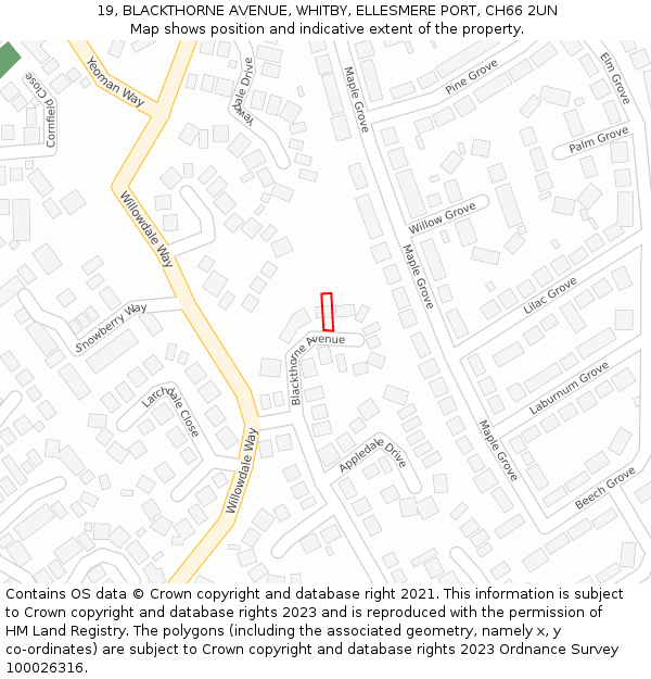 19, BLACKTHORNE AVENUE, WHITBY, ELLESMERE PORT, CH66 2UN: Location map and indicative extent of plot