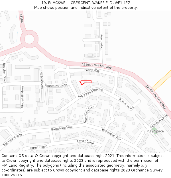 19, BLACKWELL CRESCENT, WAKEFIELD, WF1 4FZ: Location map and indicative extent of plot