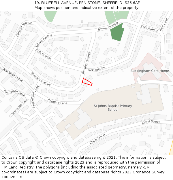 19, BLUEBELL AVENUE, PENISTONE, SHEFFIELD, S36 6AF: Location map and indicative extent of plot