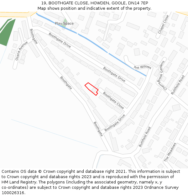 19, BOOTHGATE CLOSE, HOWDEN, GOOLE, DN14 7EP: Location map and indicative extent of plot