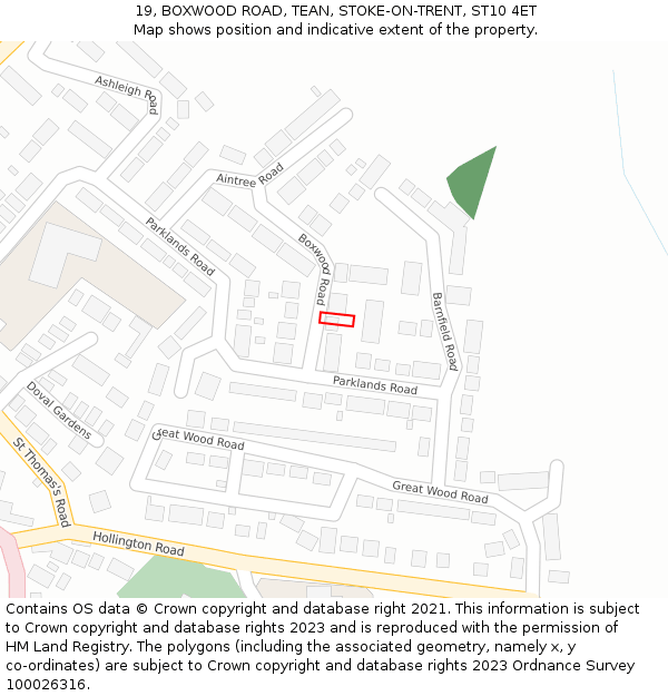 19, BOXWOOD ROAD, TEAN, STOKE-ON-TRENT, ST10 4ET: Location map and indicative extent of plot