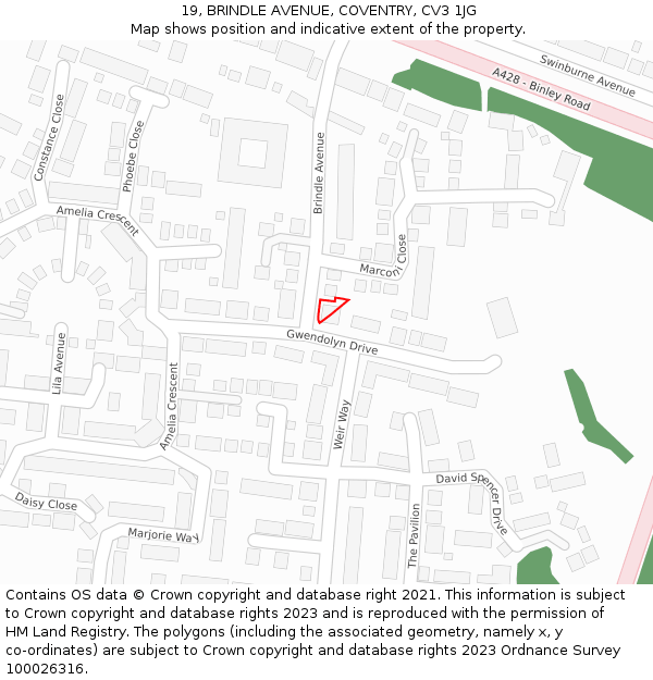19, BRINDLE AVENUE, COVENTRY, CV3 1JG: Location map and indicative extent of plot