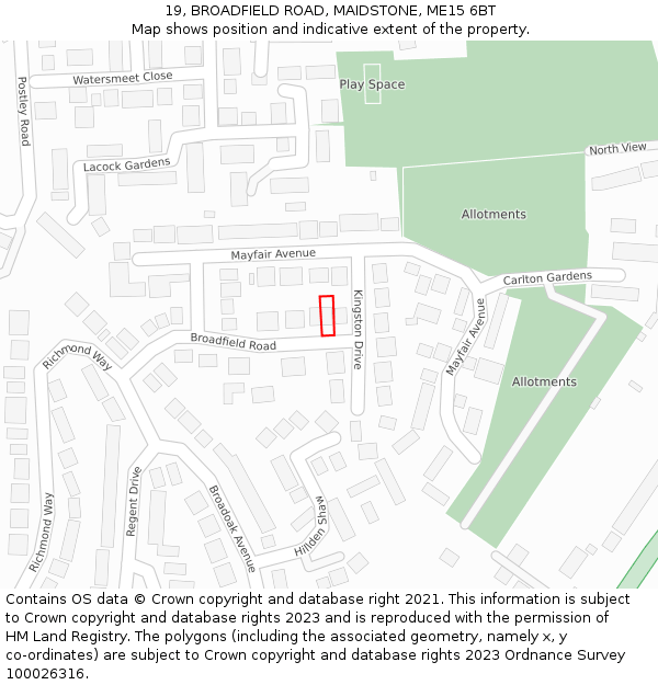19, BROADFIELD ROAD, MAIDSTONE, ME15 6BT: Location map and indicative extent of plot