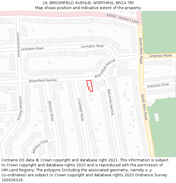 19, BROOMFIELD AVENUE, WORTHING, BN14 7RY: Location map and indicative extent of plot