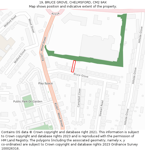 19, BRUCE GROVE, CHELMSFORD, CM2 9AX: Location map and indicative extent of plot