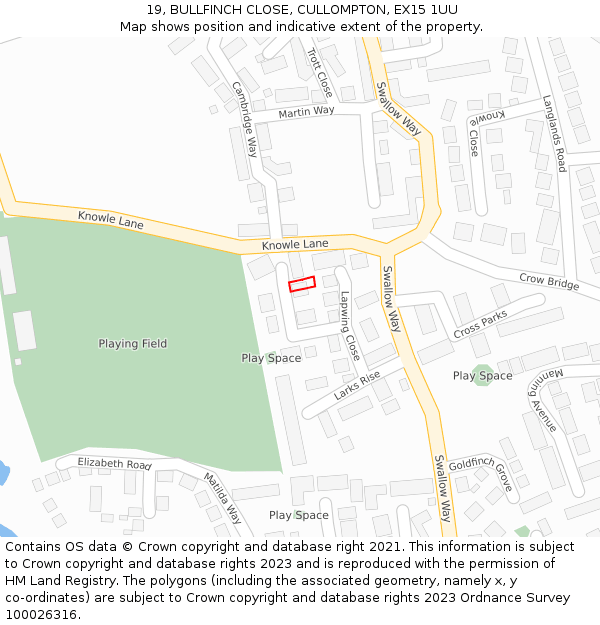 19, BULLFINCH CLOSE, CULLOMPTON, EX15 1UU: Location map and indicative extent of plot
