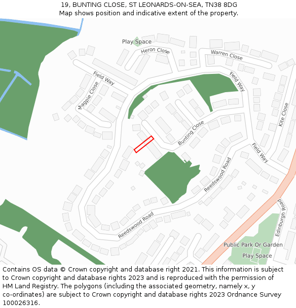 19, BUNTING CLOSE, ST LEONARDS-ON-SEA, TN38 8DG: Location map and indicative extent of plot
