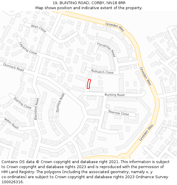19, BUNTING ROAD, CORBY, NN18 8RR: Location map and indicative extent of plot