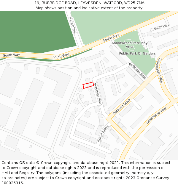 19, BURBRIDGE ROAD, LEAVESDEN, WATFORD, WD25 7NA: Location map and indicative extent of plot