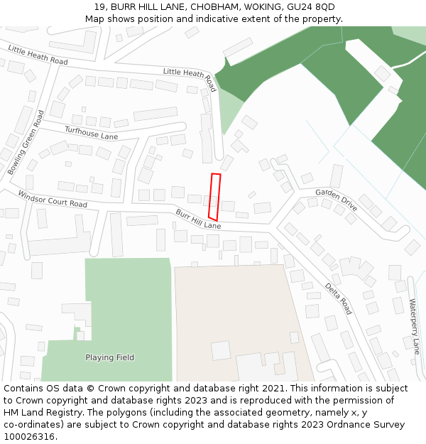 19, BURR HILL LANE, CHOBHAM, WOKING, GU24 8QD: Location map and indicative extent of plot