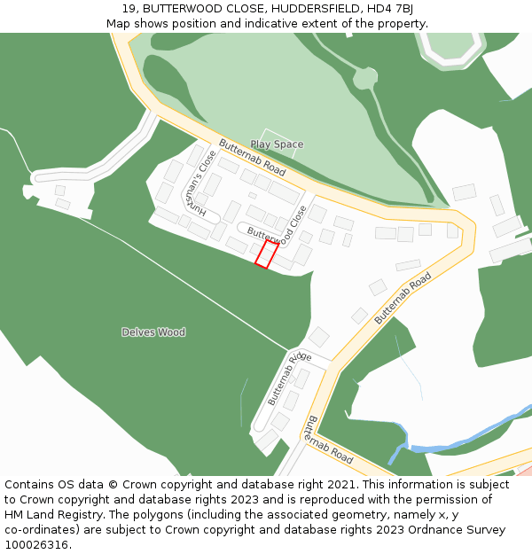 19, BUTTERWOOD CLOSE, HUDDERSFIELD, HD4 7BJ: Location map and indicative extent of plot