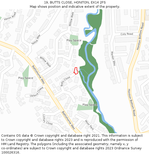 19, BUTTS CLOSE, HONITON, EX14 2FS: Location map and indicative extent of plot