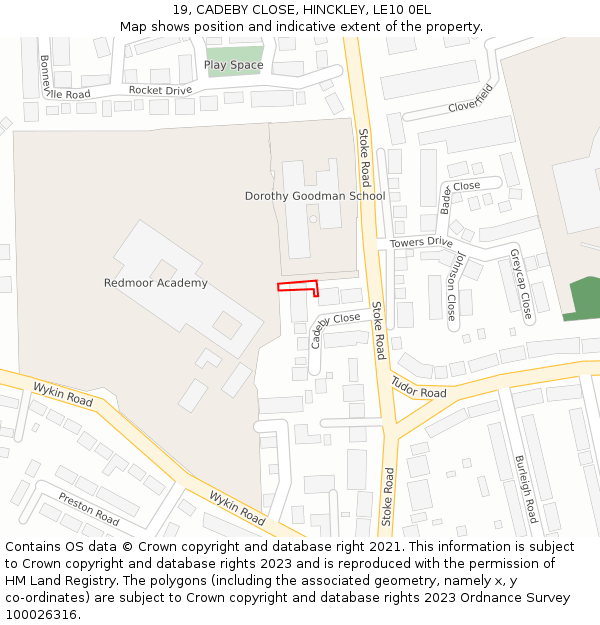 19, CADEBY CLOSE, HINCKLEY, LE10 0EL: Location map and indicative extent of plot