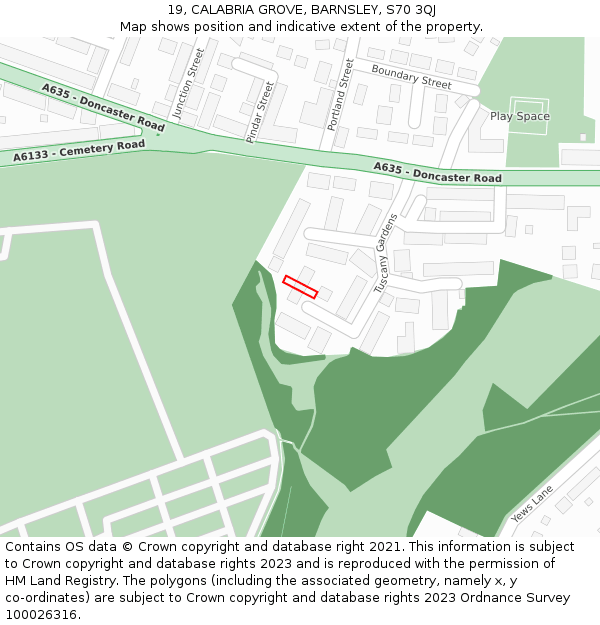 19, CALABRIA GROVE, BARNSLEY, S70 3QJ: Location map and indicative extent of plot
