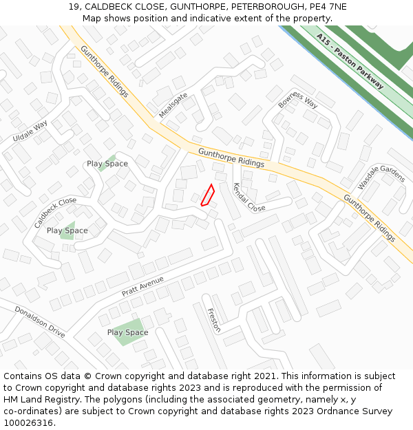 19, CALDBECK CLOSE, GUNTHORPE, PETERBOROUGH, PE4 7NE: Location map and indicative extent of plot
