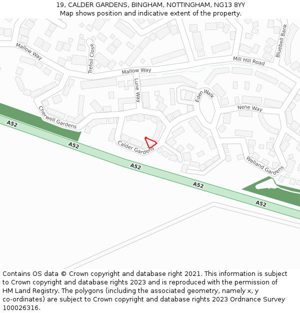 19, CALDER GARDENS, BINGHAM, NOTTINGHAM, NG13 8YY: Location map and indicative extent of plot