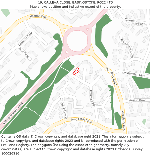19, CALLEVA CLOSE, BASINGSTOKE, RG22 4TD: Location map and indicative extent of plot