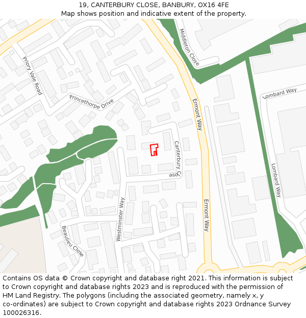 19, CANTERBURY CLOSE, BANBURY, OX16 4FE: Location map and indicative extent of plot
