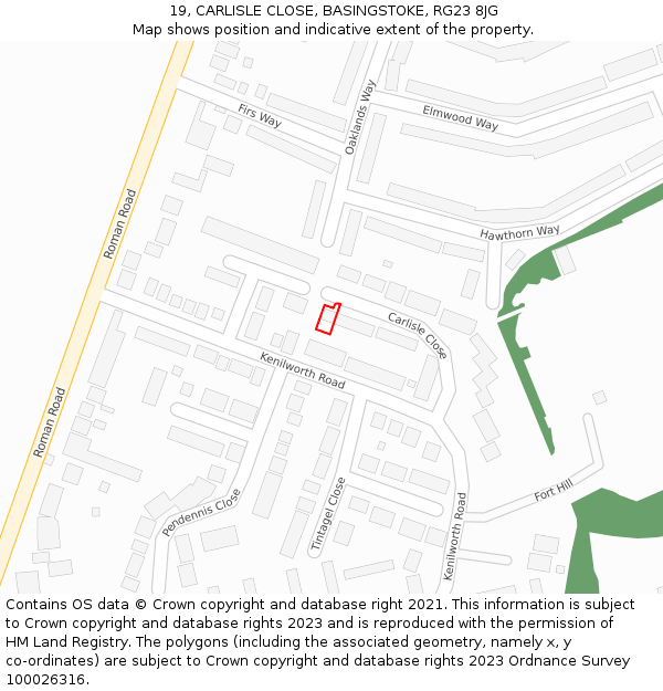 19, CARLISLE CLOSE, BASINGSTOKE, RG23 8JG: Location map and indicative extent of plot