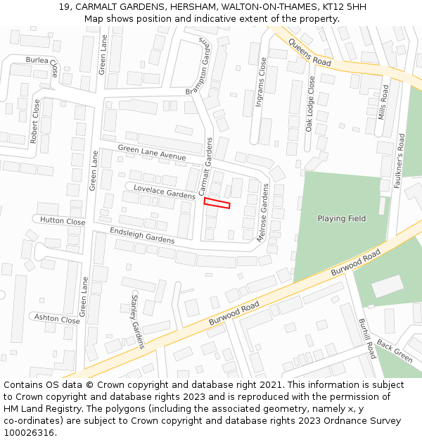 19, CARMALT GARDENS, HERSHAM, WALTON-ON-THAMES, KT12 5HH: Location map and indicative extent of plot