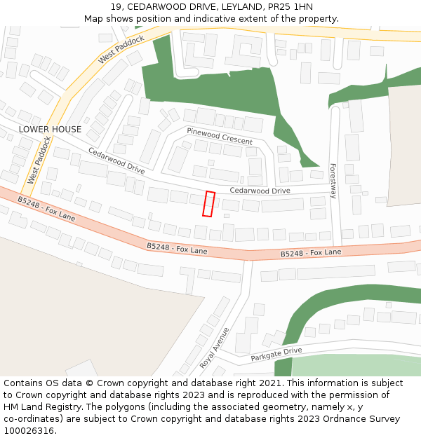 19, CEDARWOOD DRIVE, LEYLAND, PR25 1HN: Location map and indicative extent of plot