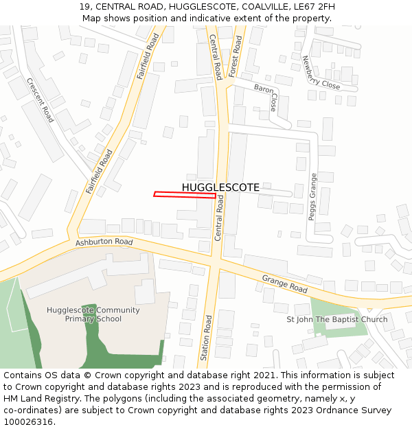 19, CENTRAL ROAD, HUGGLESCOTE, COALVILLE, LE67 2FH: Location map and indicative extent of plot