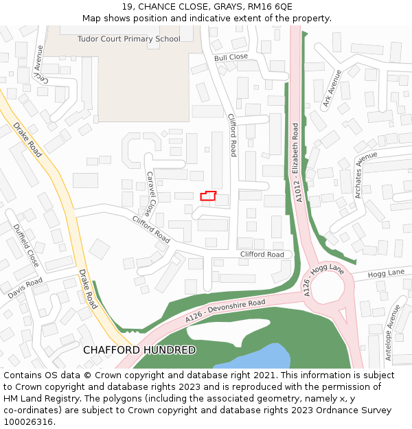 19, CHANCE CLOSE, GRAYS, RM16 6QE: Location map and indicative extent of plot