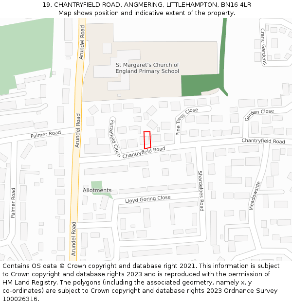 19, CHANTRYFIELD ROAD, ANGMERING, LITTLEHAMPTON, BN16 4LR: Location map and indicative extent of plot