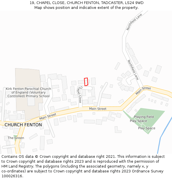 19, CHAPEL CLOSE, CHURCH FENTON, TADCASTER, LS24 9WD: Location map and indicative extent of plot