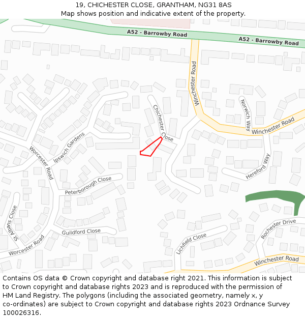 19, CHICHESTER CLOSE, GRANTHAM, NG31 8AS: Location map and indicative extent of plot