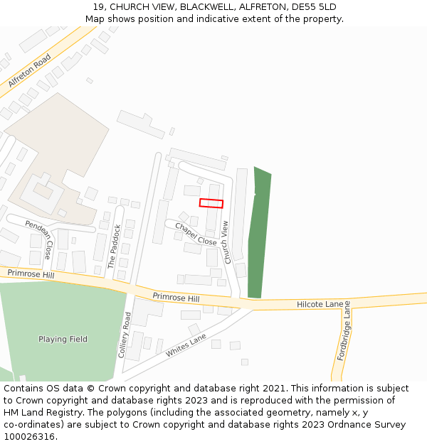 19, CHURCH VIEW, BLACKWELL, ALFRETON, DE55 5LD: Location map and indicative extent of plot